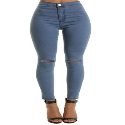 Andongnywell Womens Knee-Ripped Skinny Jeans Butt Lifting Denim Pants with Ripped Knees Knee Hole Stretch Jeans (Blue,Large)