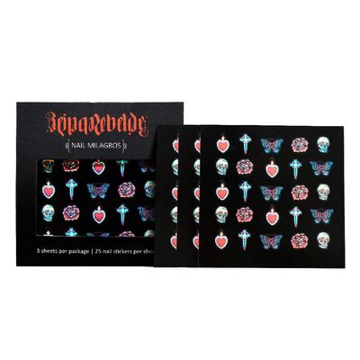Reina Rebelde Miracle 75 Nail Art Stickers - 5 Designs/Nails Milagros/Easy to Apply & Remove/Milagro Symbols/Rose, Heart, Cross, Butterfly, Skull Designs