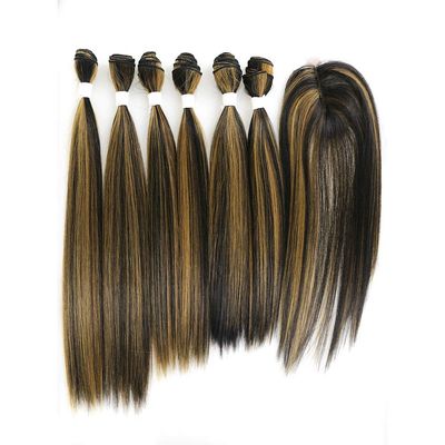 X-TRESS Highlight Balayage Synthetic Hair Bundles with Closure Yaki Straight Weft Weave Ombre Honey Blonde Swiss Lace Hair Extension Heat Friendly