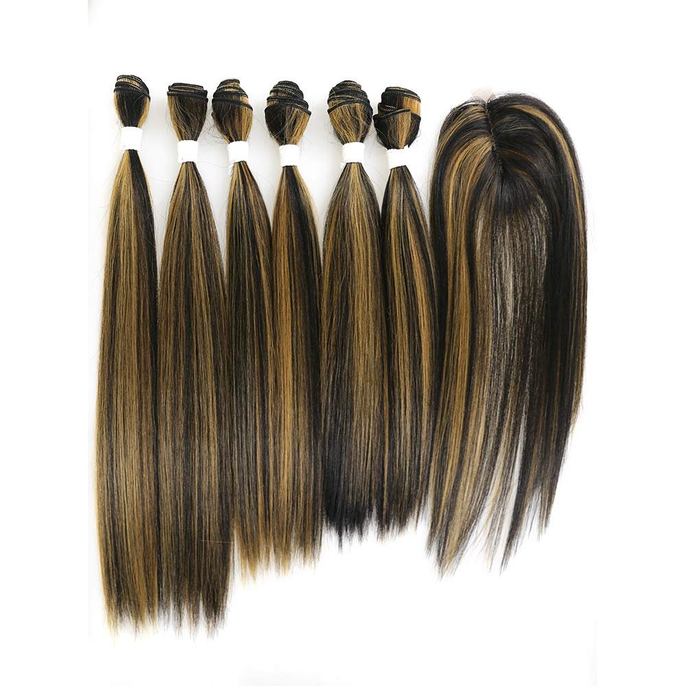 X-TRESS Highlight Balayage Synthetic Hair Bundles with Closure Yaki Straight Weft Weave Ombre Honey Blonde Swiss Lace Hair Extension Heat Friendly