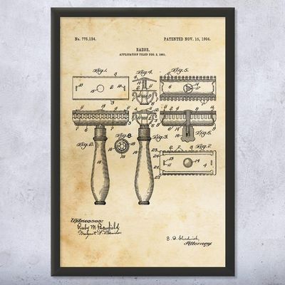 Framed Shaving Razor Print, Bathroom Decor, Shaving Gift, Fashion Wall Art, Barber Gift, Barber Shop Decor, Stylist Gift Vintage Paper (11x14)
