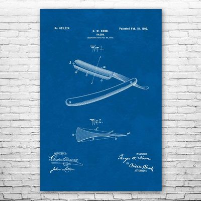 Shaving Straight Razor Poster Print, Barber Shop Decor, Barber Gift, Bathroom Wall Art, Shaving Gift, Fashion Decor Blueprint (24 inch x 36 inch)