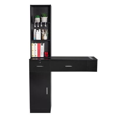 mefeir Wall Mount Hair Styling Barber Station Beauty Hair Salon Spa Equipment Set with 3 Tier Shelf, Lockable Drawer & Cabinet, Easy Assembled (Black)