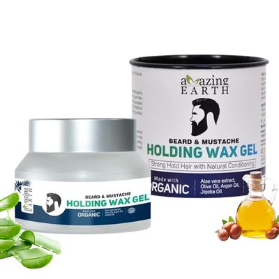 AMAzing Earth Beard & Mustache Holding Wax Gel for Men - Certified Organic, Strong Hold, Styling, Argan Oil, Chemical Free, 100% Vegan & Cruelty Free - 50gm