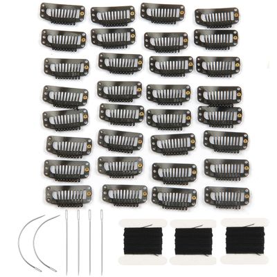 50 Pieces Hair Extensions Clips Stainless Steel Snap Clip for Wigs 9-teeth 32mm, 3pcs Weaving Thread, 6pcs Sewing Neeldes (Black)