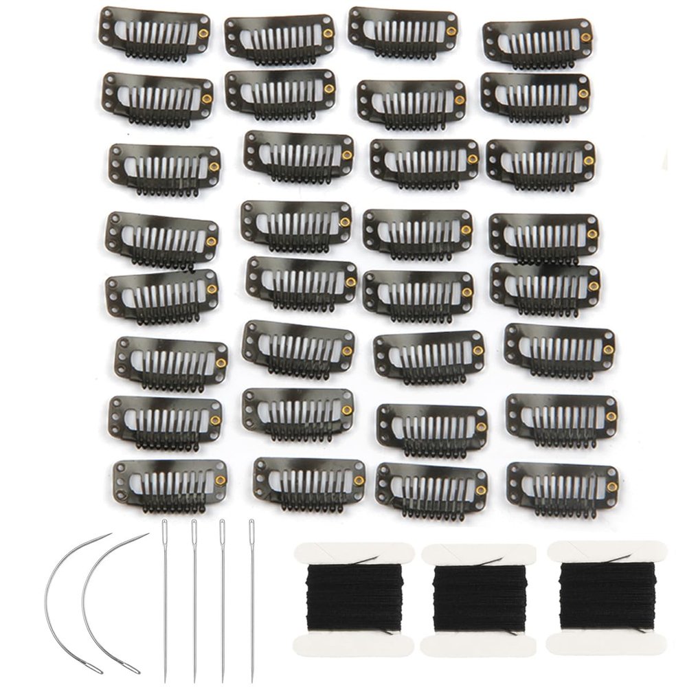 50 Pieces Hair Extensions Clips Stainless Steel Snap Clip for Wigs 9-teeth 32mm, 3pcs Weaving Thread, 6pcs Sewing Neeldes (Black)