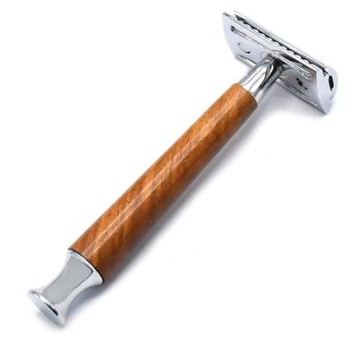 Double Edge Razor for Men, ODM Natural Wood Handle Safety Razor with All Metal Waterproof Head, Classic Long Handle Double Edge Safety Razor, Collector's Edition Gift for Family & Friends BTS-303