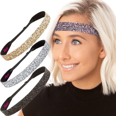 Hipsy Adjustable Non Slip Wide Bling Glitter Headbands for Women Girls & Teens 4-Pack (Silver/Black/Gold/Gunmetal 4pk)