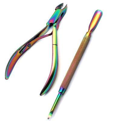 AAProTools Cuticle Pusher Remover with Nipper Colorful Stainless Steel Manicuring Nail Art Tool Set #4