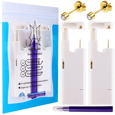 2Pcs Ear Piercing Kit Automatic And Painless Ear Nail Gun Disposable Aseptic Household Ear Piercing Gun Portable Ear Piercing Gun Group Ear Piercing Tools (4mm, Golden)