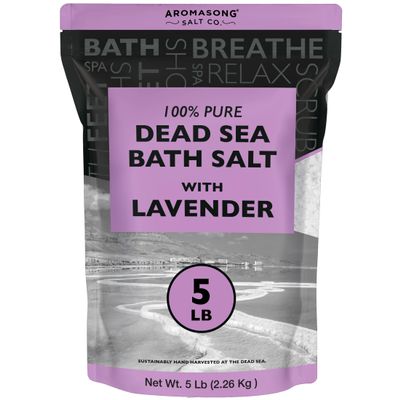 Aromasong Pure Dead Sea Salt for Soaking with 100% Natural Lavender, 5 LB - Spa Bath Salt Fine Grain - Body Wash Scrub - Soak for Women & Men- Bulk Resealable Pack (Packaging May Vary)