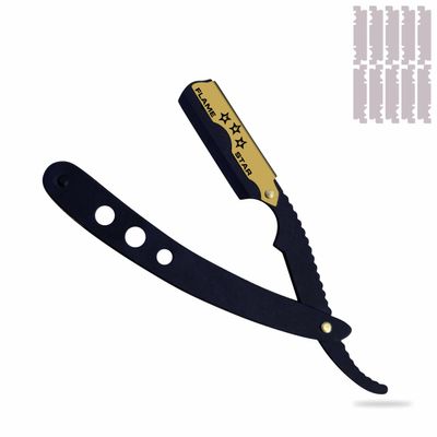Black Gold Barber Staright Edge Salon Hair Cut Razor 100% Stainless Steel with 10 Blades by "FLAME STAR"