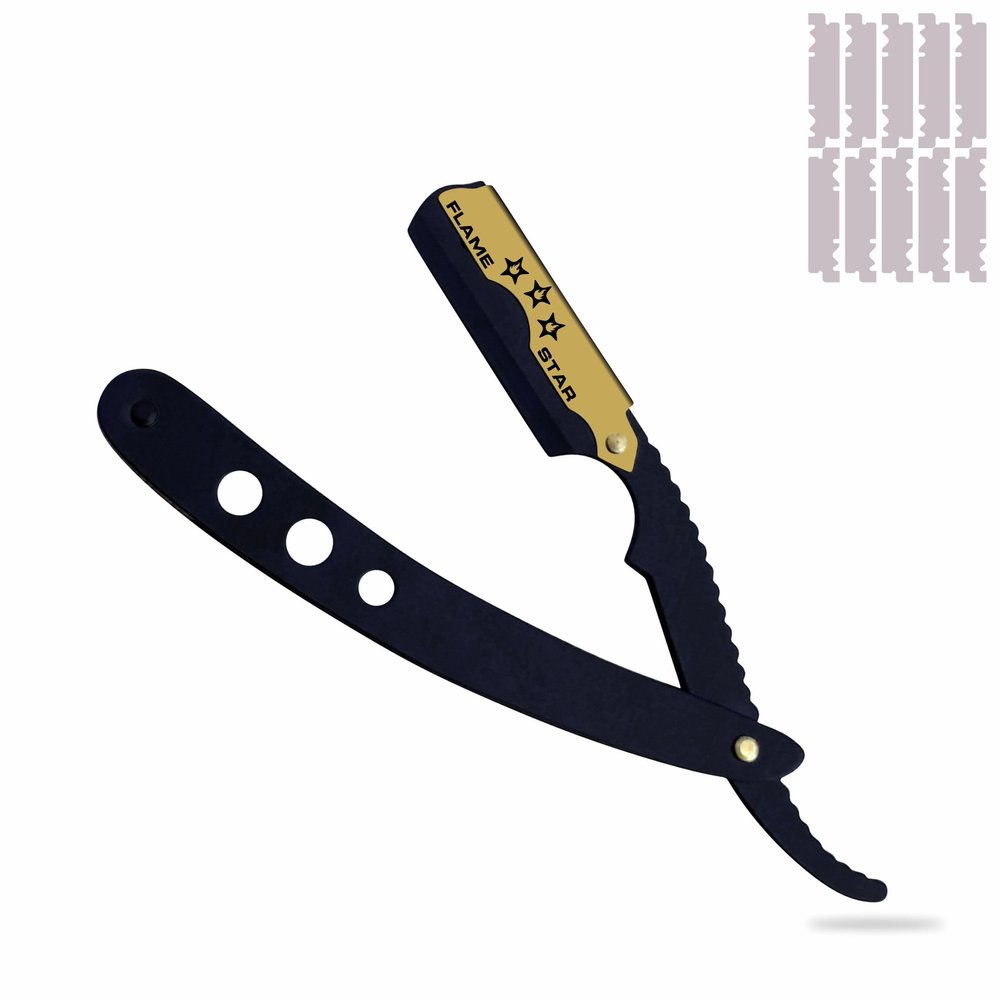 Black Gold Barber Staright Edge Salon Hair Cut Razor 100% Stainless Steel with 10 Blades by "FLAME STAR"