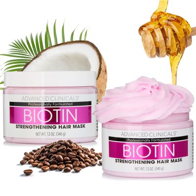 Advanced Clinicals Biotin Hair Treatment Anti-Breakage Repair Hair Mask. Strengthen Broken, Color-Treated Hair W/Repairing Deep Conditioner Manuka Honey & Caffeine To Restore Weak Hair, (Pack Of 2)