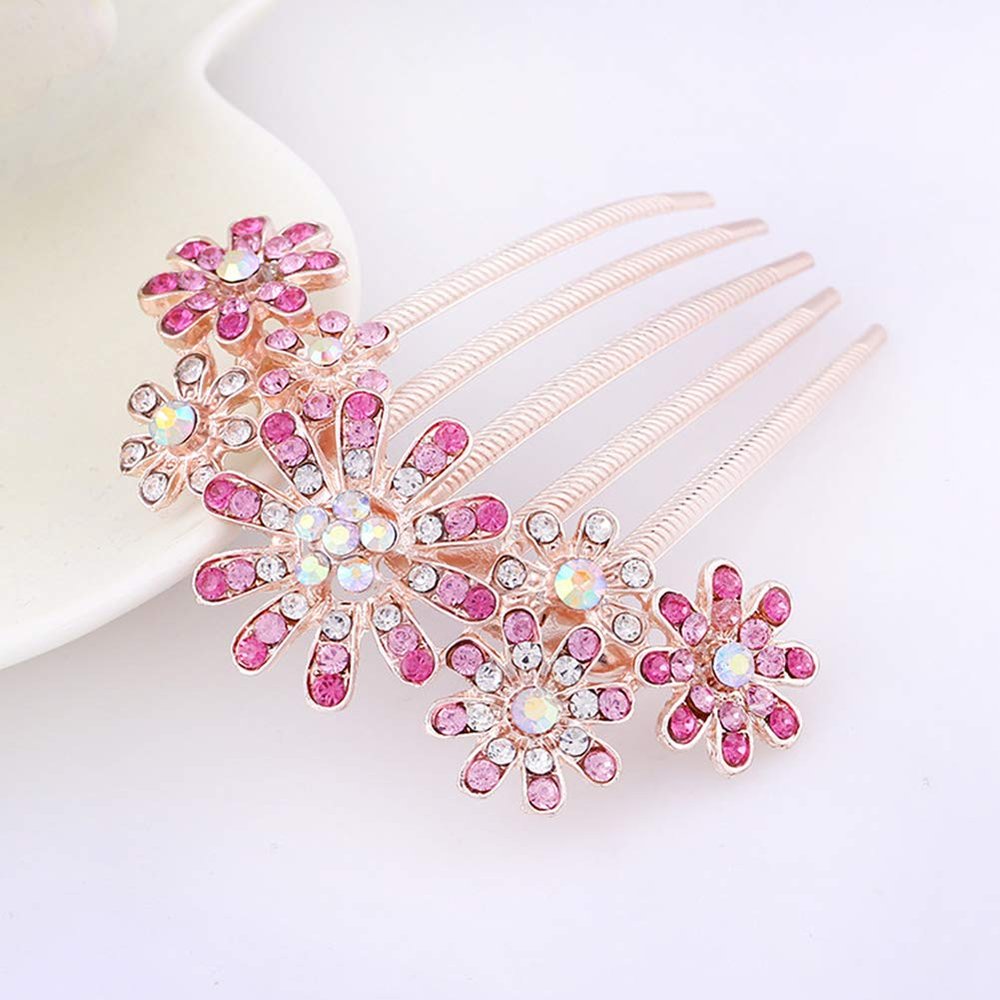Magik Women Bride Hairpin Hair Side Comb Clip Floral Head Piece Crystal Flower Hair Pins (#G Pink Flower)