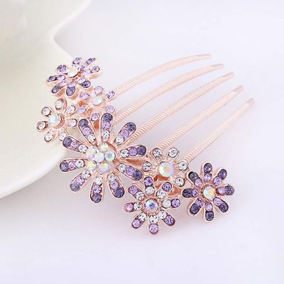 Magik Women Bride Hairpin Hair Side Comb Clip Floral Head Piece Crystal Flower Hair Pins (#H Purple Flower)