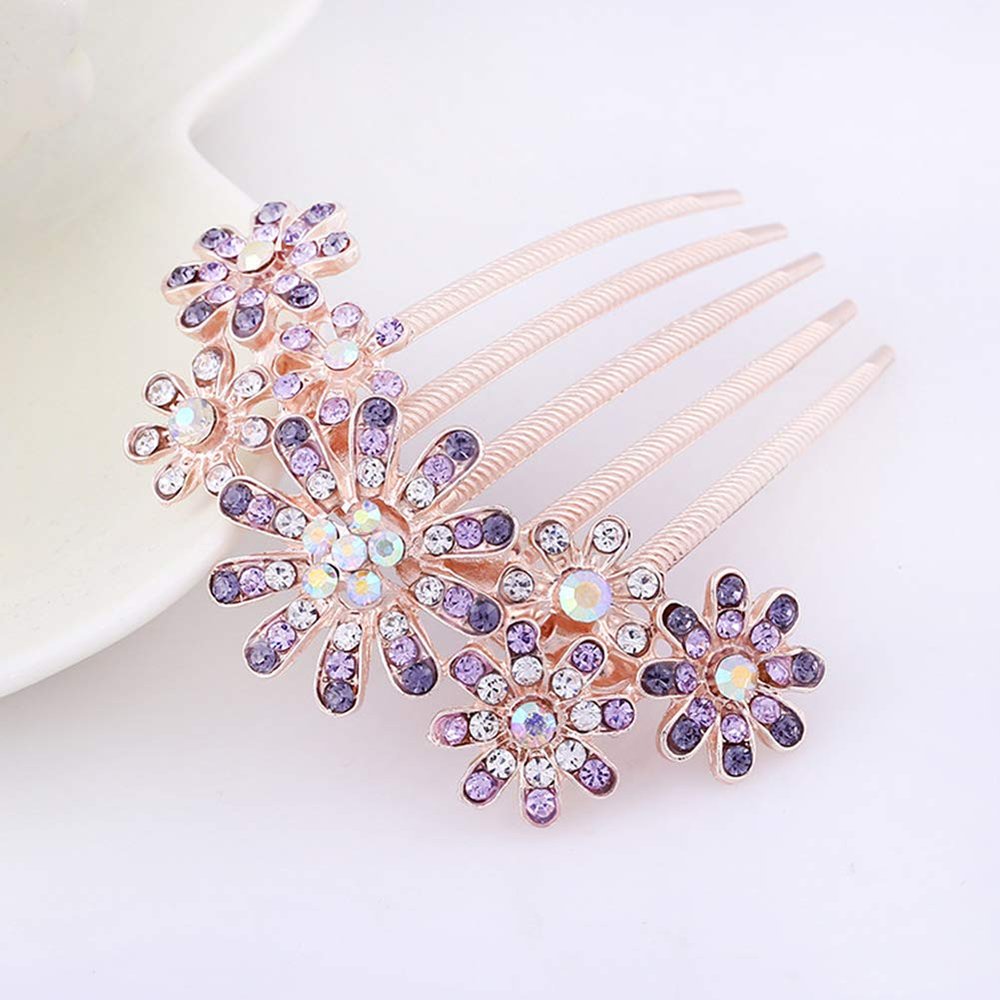 Magik Women Bride Hairpin Hair Side Comb Clip Floral Head Piece Crystal Flower Hair Pins (#H Purple Flower)