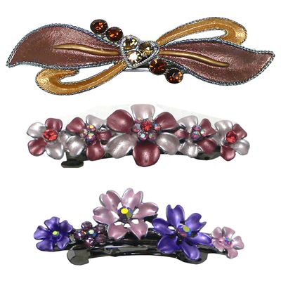 Set of 3 Med Size Flower Barrettes Sparkly Rhinestones 3 Styles YY86400-1-GL10-YY12-3brownRoseP