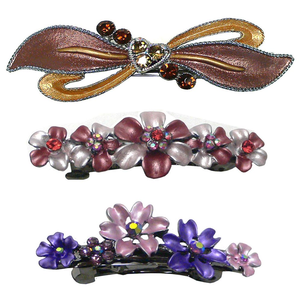 Set of 3 Med Size Flower Barrettes Sparkly Rhinestones 3 Styles YY86400-1-GL10-YY12-3brownRoseP