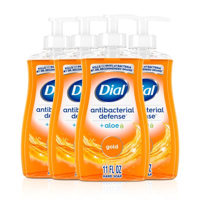 Dial Antibacterial Defense Liquid Hand Soap + Aloe, Gold Scent, 11 Fl Oz (Pack of 4), Dermatologist-Tested Hand Wash, Gentle Formula
