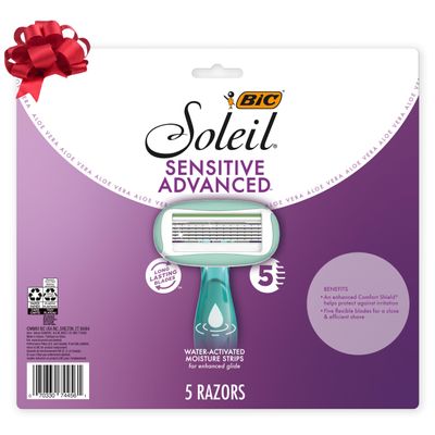 BIC Soleil 5 Sensitive Women's Disposable with 5 Blade Razors, Moisture Strip and Pivoting Head, 5-Pack, Razor Gift Set