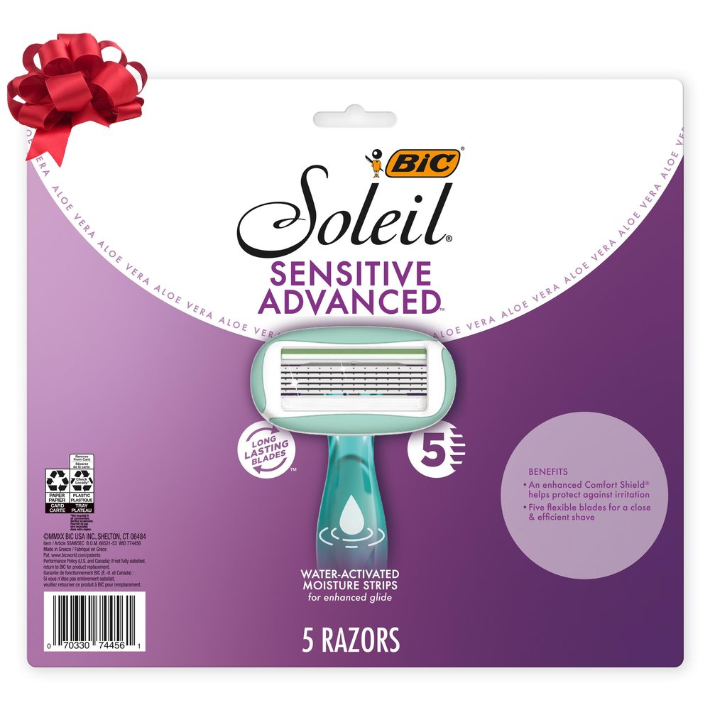 BIC Soleil 5 Sensitive Women's Disposable with 5 Blade Razors, Moisture Strip and Pivoting Head, 5-Pack, Razor Gift Set