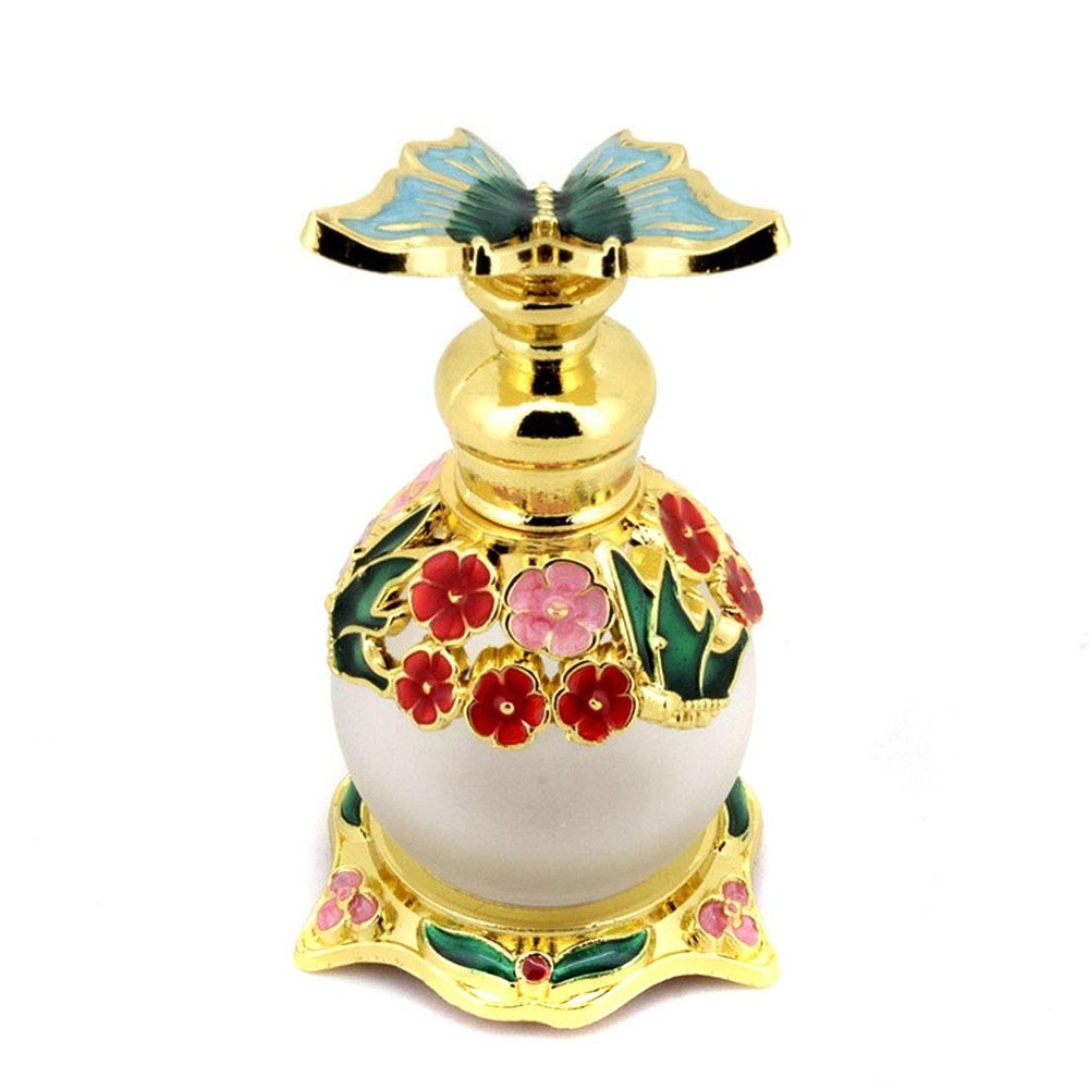 Suoirblss 0.5oz Boho Chic Decor Creative Perfume Bottle Metal and Glass Perfume Bottle Refillable Empty Aromatherapy Essential Oil Bottle (Green Butterfly)