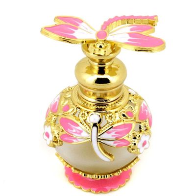 Suoirblss 0.5oz Boho Chic Decor Creative Perfume Bottle Metal and Glass Perfume Bottle Refillable Empty Aromatherapy Essential Oil Bottle (Pink Dragonfly)