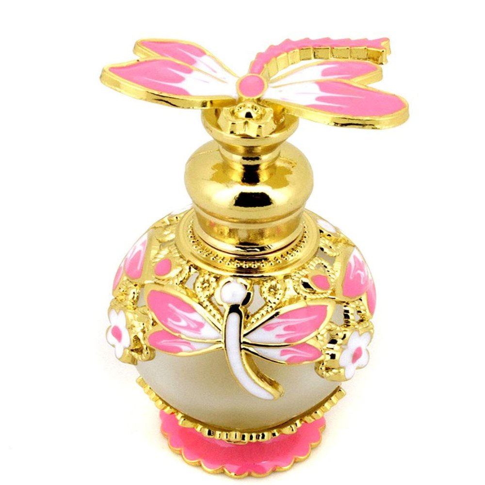 Suoirblss 0.5oz Boho Chic Decor Creative Perfume Bottle Metal and Glass Perfume Bottle Refillable Empty Aromatherapy Essential Oil Bottle (Pink Dragonfly)