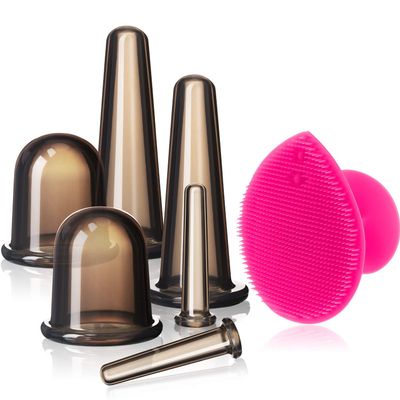 BBTO Silicone Facial Cupping Set, Vacuum Massage Cup Kit for Body, Face, Neck, Back, and Eye, 6 Cups and Exfoliating Brush(Black)
