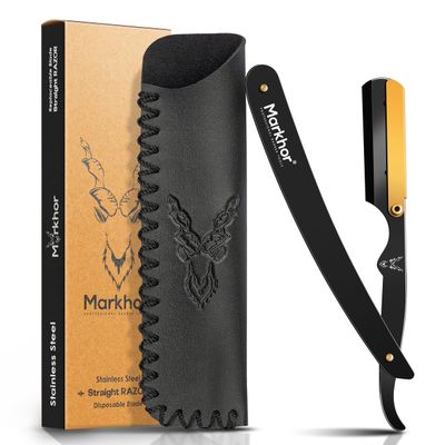 Markhor Straight Razor for men with Leather Pouch & Replaceable Blades | Single Blade Razor | Premium Shaving Razor | Stainless Steel Barber Razor Blade | Straight Edge Razor | Navajas Para Barbero