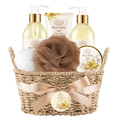 Bath and Body Warm Vanilla Sugar Spa Gifts for Women, with Shower Gel, Bubble Bath, Body Lotion, Bath Bomb, Bath Salt, Spa Basket Gift Set for Women, 7pcs Set Gifts