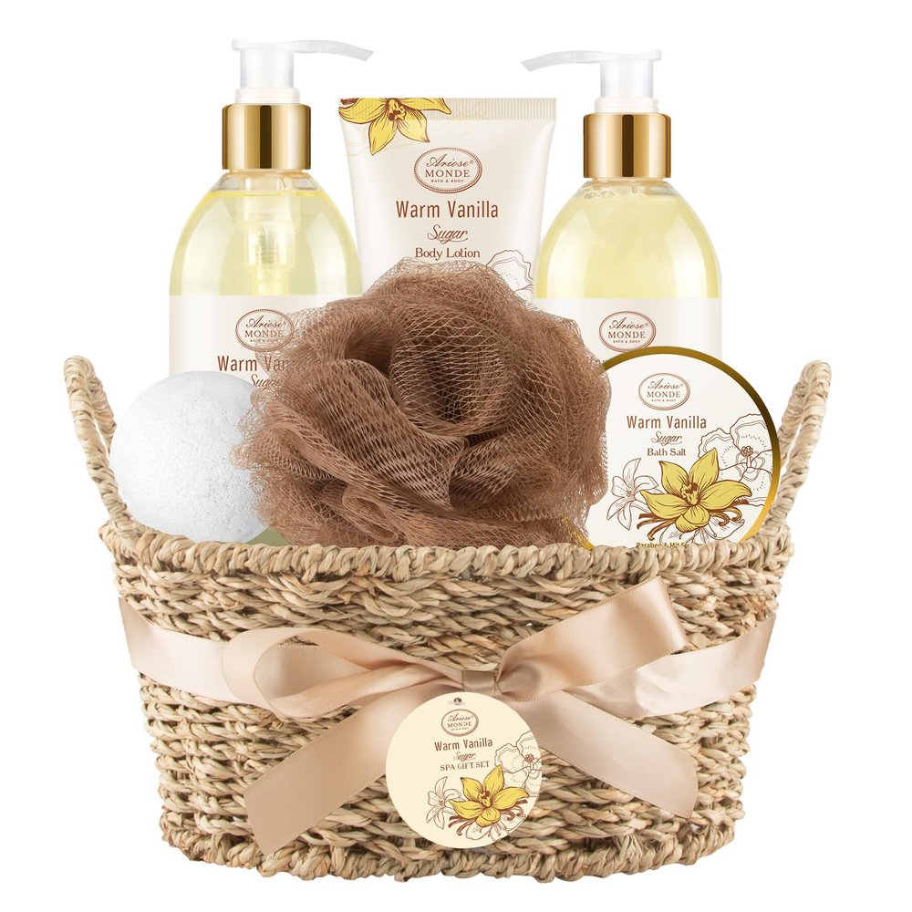 Bath and Body Warm Vanilla Sugar Spa Gifts for Women, with Shower Gel, Bubble Bath, Body Lotion, Bath Bomb, Bath Salt, Spa Basket Gift Set for Women, 7pcs Set Gifts