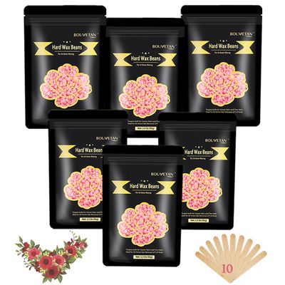Bouvetan Hard Wax Beads 1.3Lb/21oz for Brazilian, Eyebrow, Bikini, Face, Arms, and Legs Waxing - 6 Packs with 10 Wax Spatulas for Women and Men