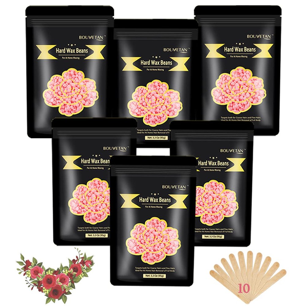Bouvetan Hard Wax Beads 1.3Lb/21oz for Brazilian, Eyebrow, Bikini, Face, Arms, and Legs Waxing - 6 Packs with 10 Wax Spatulas for Women and Men