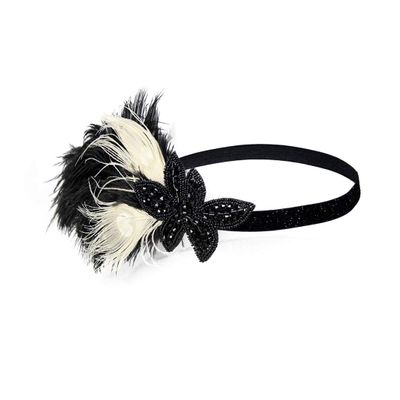 1920s Headpiece Great Gatsby Accessories Flapper Headband Wedding Headpieces for Bride Roaring 20's Art Deco Hair Clip Black White