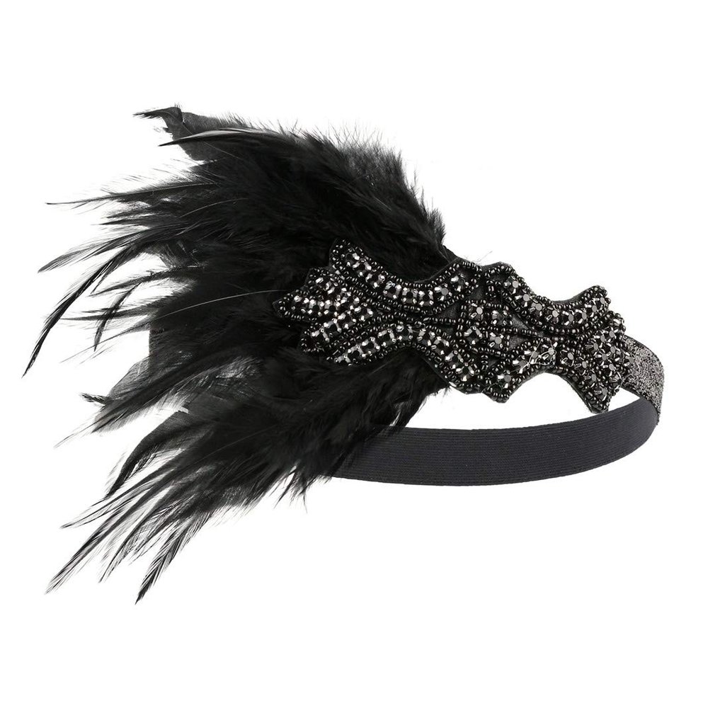1920s Accessories Flapper Headband Art Deco Roaring 20's Headpieces for Women Gatsby Costume Hair Clip 01Black