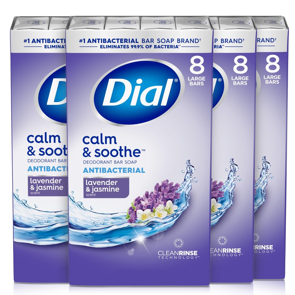 Dial Antibacterial Deodorant Bar Soap, Calm & Soothe Lavender & Twilight Jasmine Scent, 4 Oz, 32 Bars, Dermatologist Tested, With Clean Rinse Technology