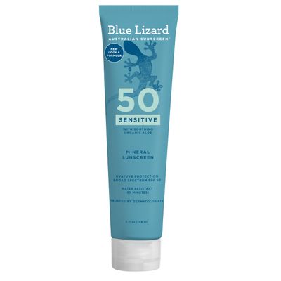 Blue Lizard Sensitive Mineral SPF 50 Sunscreen Lotion, 100% Mineral Sunscreen, UVA/UVB Protection, Infused with organic Aloe Vera, Soothes and Hydrates, 5 fl oz