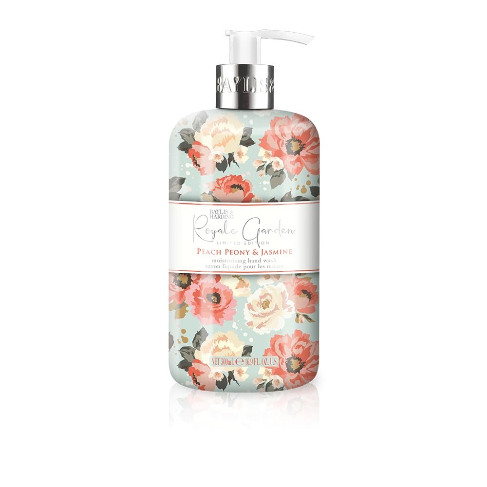 Baylis & Harding Liquid Hand Soap Wash with Dispenser, Royale Garden, Peach Peony & Jasmine, 16.9oz/500ml
