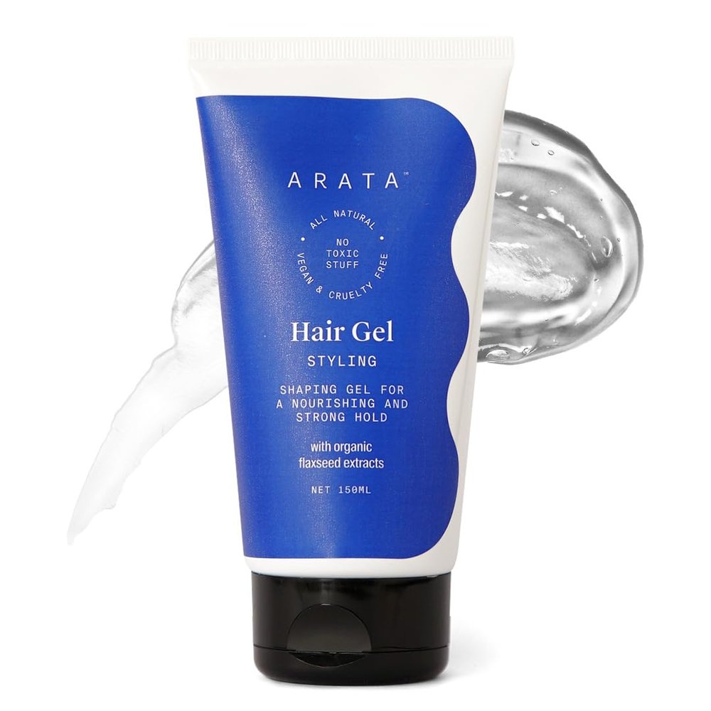 Arata All-Natural Hair Gel For Studio Styling, Shaping & Nourishment | Wet Strong-Hold Look For Men and Women | Ayurvedic Extracts Of Organic Flaxseed & Olive Oil - 5 Fl Oz
