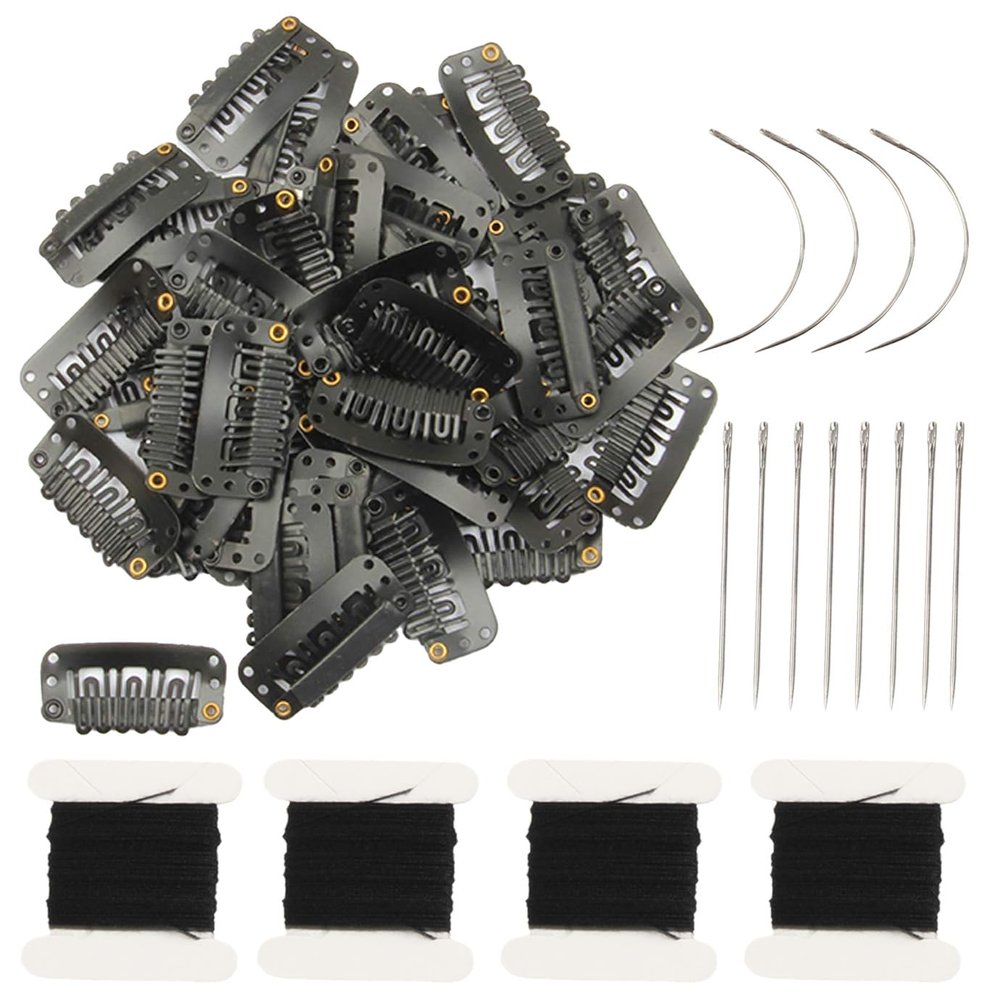 YUXIANG 50pcs Wig Clips 32mm Snap Clips For Hair Extension With Thread and Needles (Black)