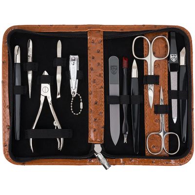 3 Swords Germany  brand quality 12 piece manicure pedicure grooming kit set for professional finger & toe nail care with ostrich synthetic leather case - Made in Germany