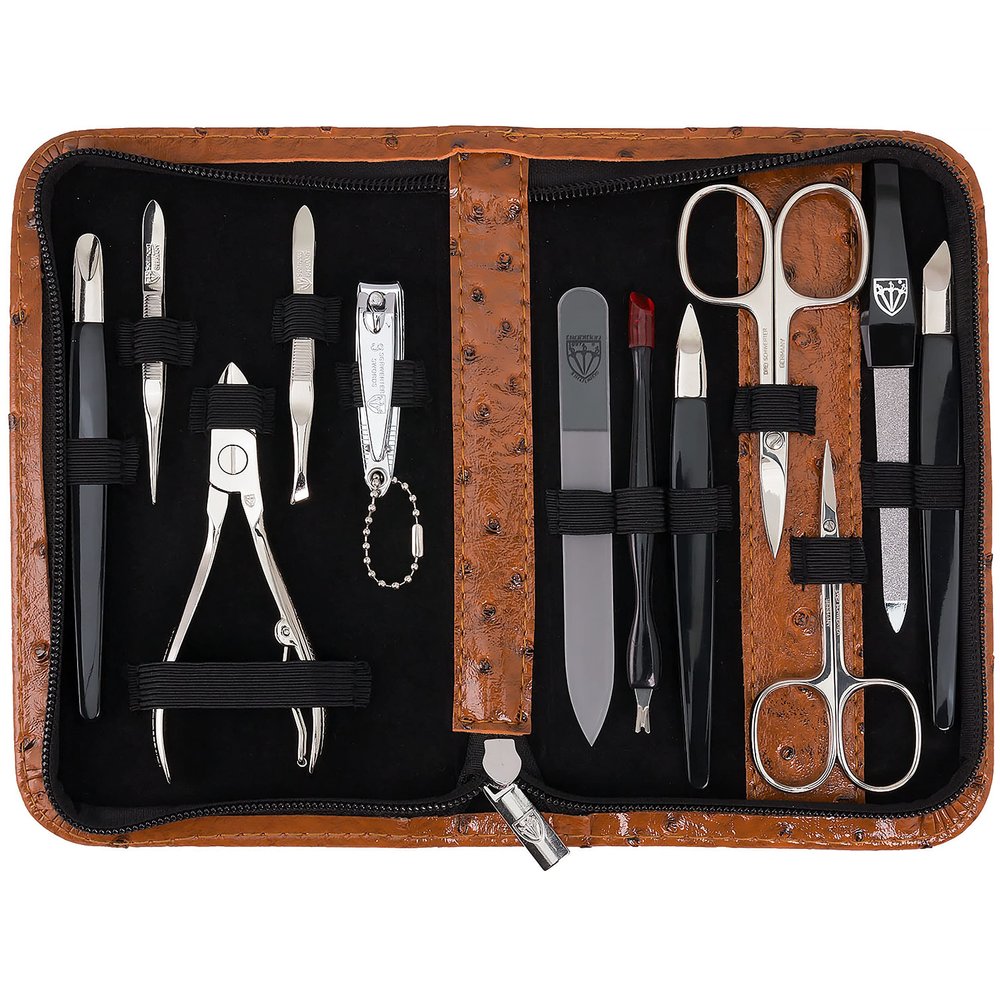 3 Swords Germany  brand quality 12 piece manicure pedicure grooming kit set for professional finger & toe nail care with ostrich synthetic leather case - Made in Germany