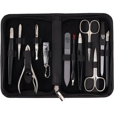 3 Swords Germany  Brand Quality 12 Piece Manicure Pedicure Grooming kit Set for Professional Finger & Toe Nail Care with Black Genuine Leather case - Made in Germany