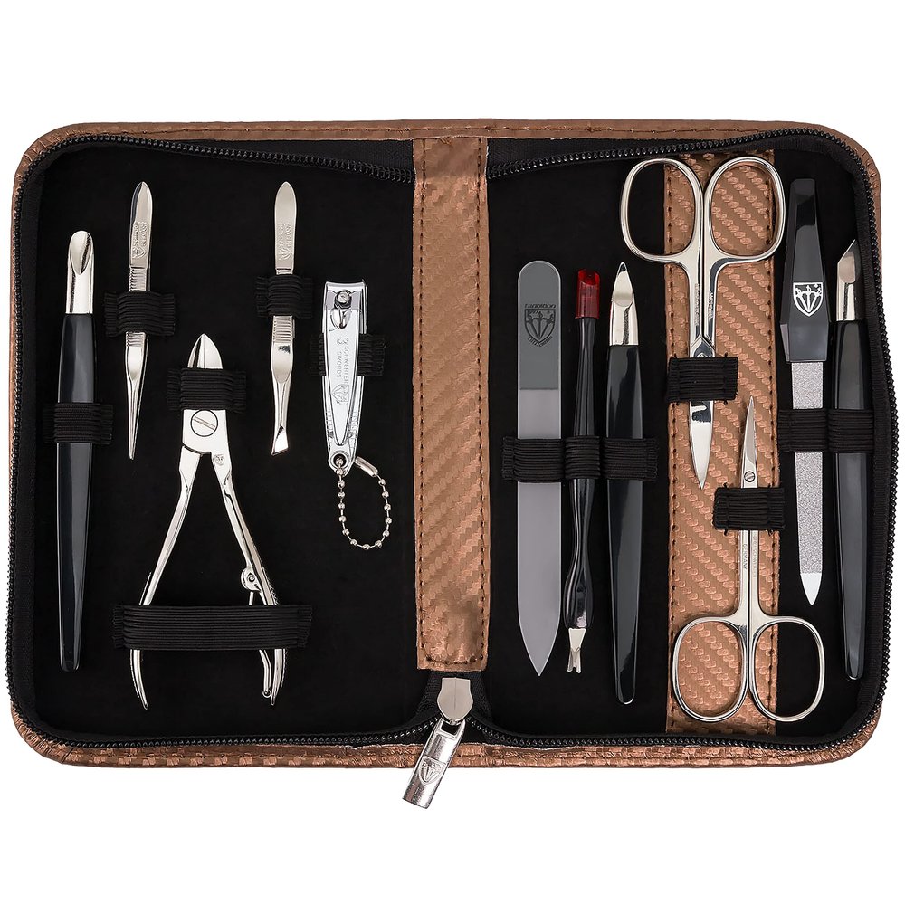 3 Swords Germany  Brand Quality 12 Piece Manicure Pedicure Grooming kit Set for Professional Finger & Toe Nail Care with Copper Synthetic Leather case - Made in Germany