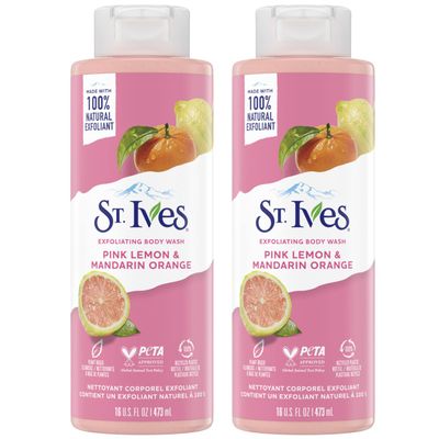 St. Ives Exfoliating Body Wash, Pink Lemon & Mandarin Orange 2-Pack Made with 100% Natural Exfoliants for Glowing Skin, 16 Oz Ea