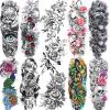11 Sheets NEZAR Large Vine Peony Flower Rose Full Arm Temporary Tattoos For Women Realistic Skull Skeleton Fake Temporary Tattoo Sleeves Stickers Waterproof Leg Makeup Floral Blossom Tatoos Paper Eye view 1