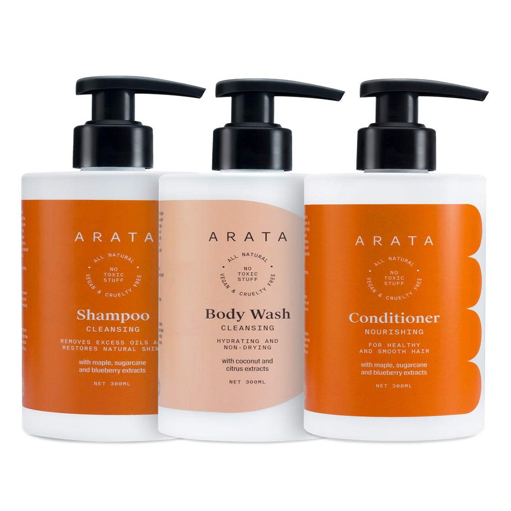 Arata Natural Shower Power Set For Men & Women With Cleansing Shampoo, Body Wash & Hair Conditioner | All-Natural & Cruelty-Free | Plant-Based, Non-Toxic Bath