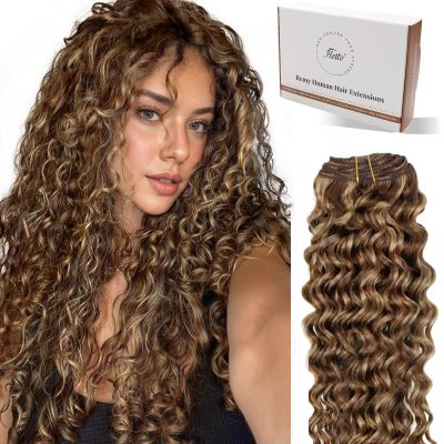 Hetto Curly Hair Extensions Clip in Human Hair Deep Wavy Clip in Hair Extensions Human Hair 20Inch #P4/27 Brown Highlighted Blonde Curly Hair Extension 7Pcs 120g